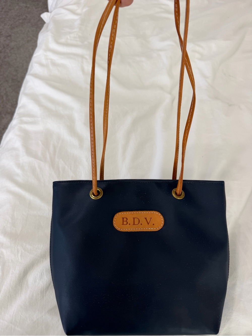 Jon Hart Design Navy Tote with Tan Leather Straps